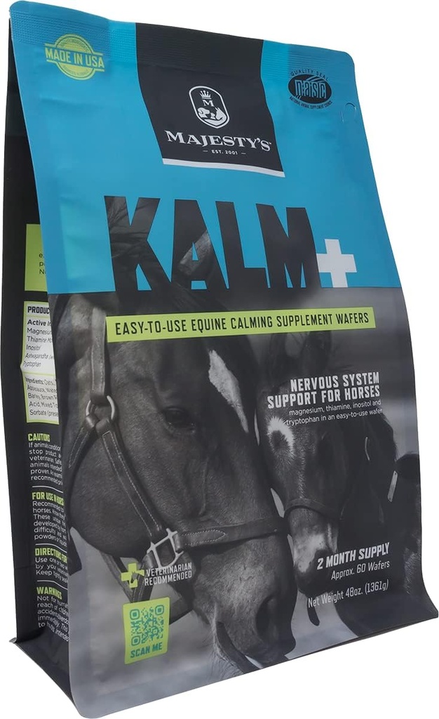 Wafers Kalm de Majesté - soutient le comportement équilibré des chevaux et des équidés et la fonction normale du système nerveux - Tryptophane, vitamine B1, cerise d'hiver, inositol - 60 comtes (2 mois d'approvisionnement)