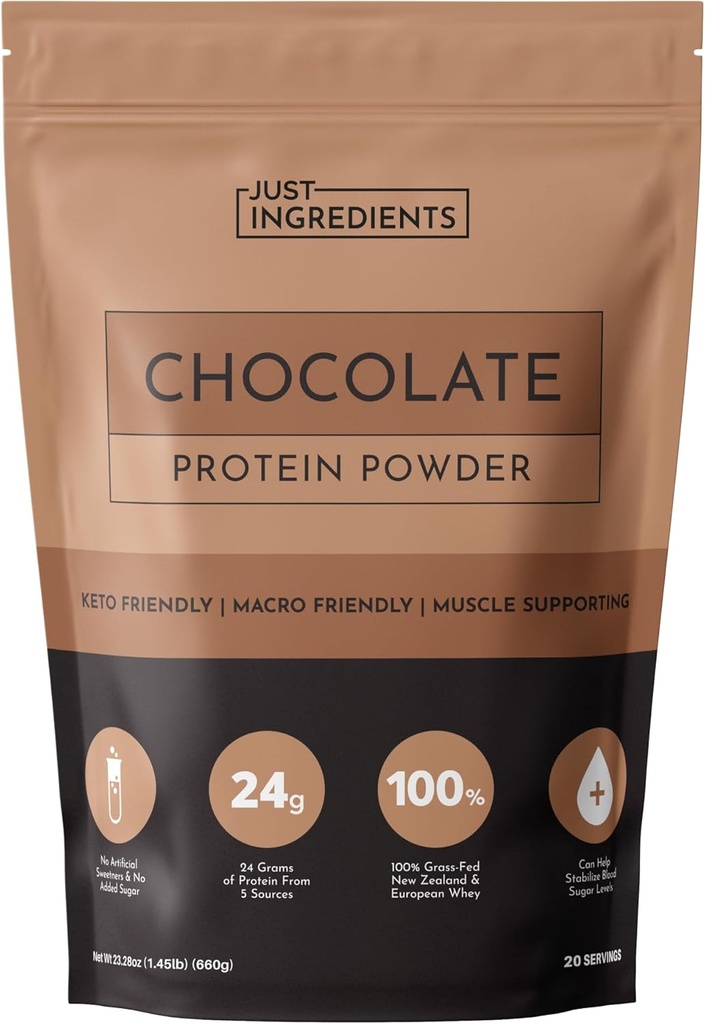 JUST INGRÉDIENTS Poudre de protéines de chocolat – Mélange à 20 portions avec 100% de lactosérum gras et protéines végétales organiques – Riche saveur de cacao – soutient la récupération musculaire, l'énergie*