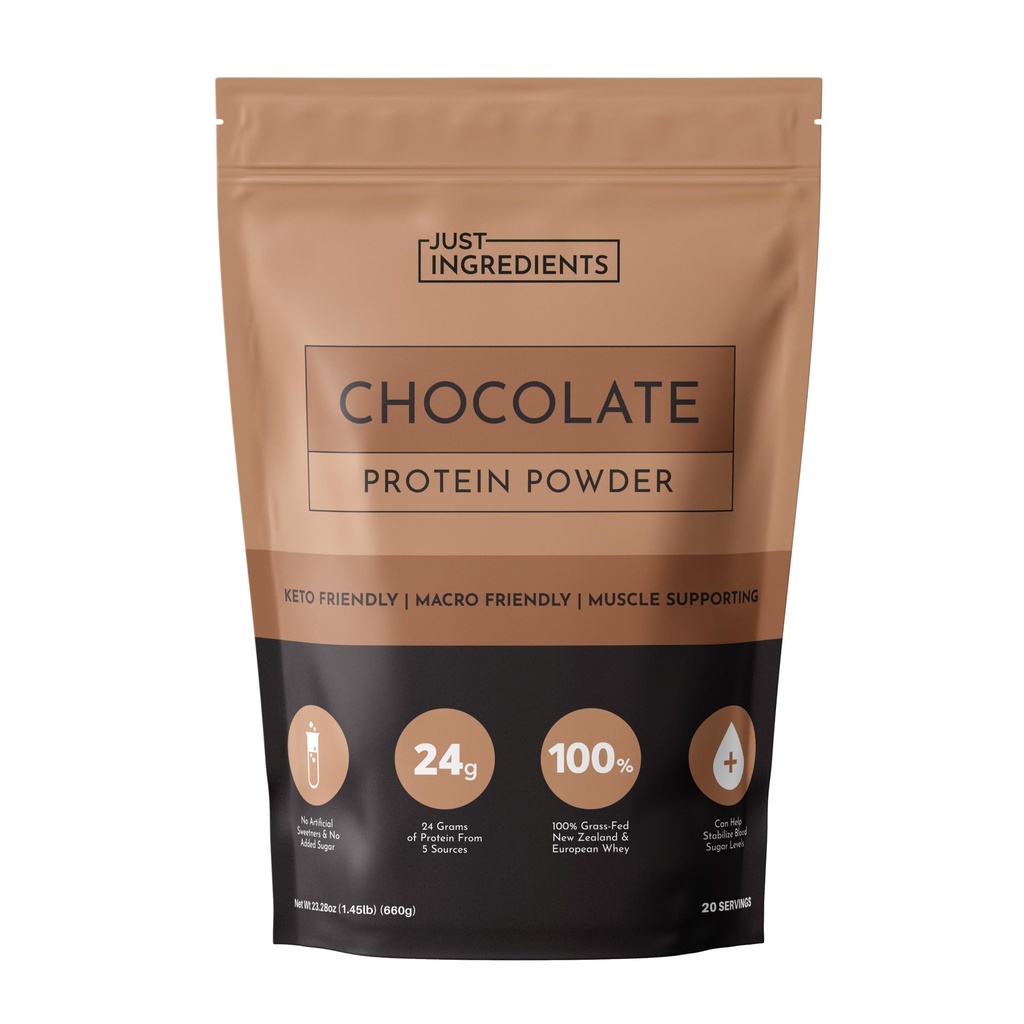 JUST INGRÉDIENTS Poudre de protéines de chocolat – Mélange à 20 portions avec 100% de lactosérum gras et protéines végétales organiques – Riche saveur de cacao – soutient la récupération musculaire, l'énergie*