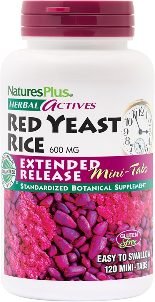 NaturesPlus Actifs à base de plantes Riz de levure rouge à libération prolongée 600 mg - 120 Mini-Tabs, pack de 2 - Soutient le bien-être général - Végétarien, Sans gluten - 120 Total des portions