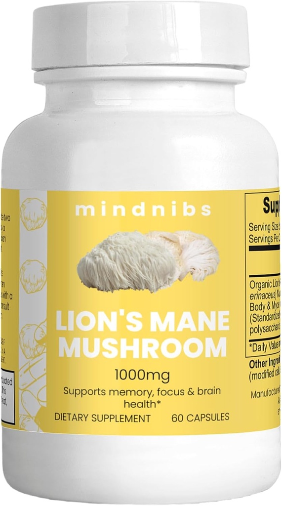 Capsules organiques de champignons de la Mane de Lion 1000mg - Soutien cognitif, Nootropiques neuroprotecteurs, 60 capsules véganes