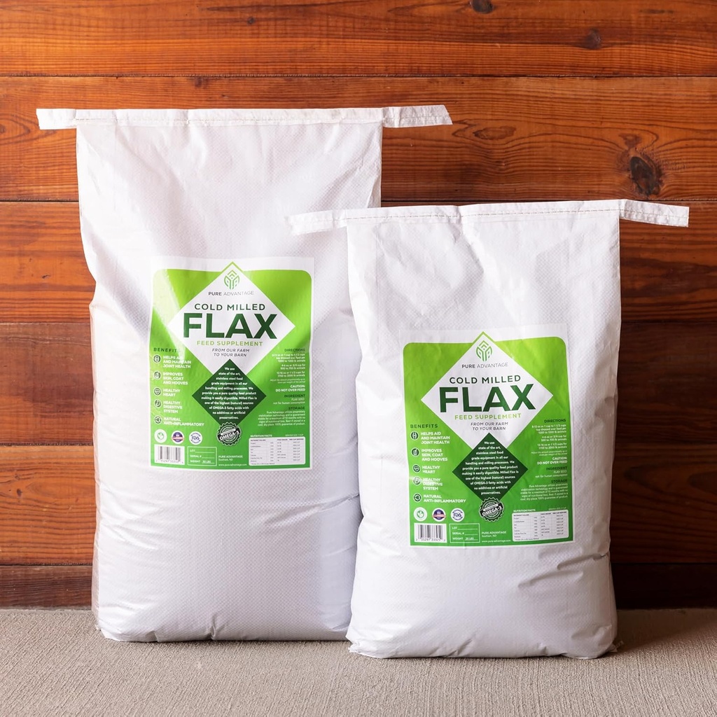 Natural, Non-GMO Cold Milled Flax Supplement (25lb) for Horses/Large Animals. Protein, Fiber & Omega 3 Fat for healthy digestive system & joints. Visit pure-advantage.com for discounts.