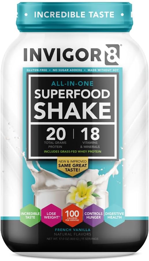 INVIGOR8 Superfood Fed Whey Protein Isolate Shake French Vanilla Remplacement sans gluten et sans OGM avec probiotiques et oméga 3 (483g)