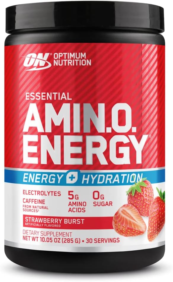 Optimum Nutrition Amino Energy Powder Plus Focus, avec BCAA, électrolytes et caféine, fraise juteuse, 30 portions (paquetage May Vary)