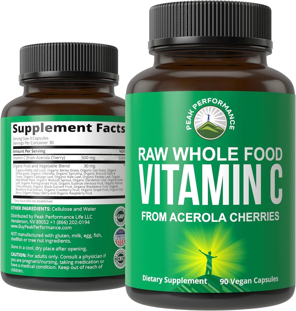 Peak Performance Raw Whole Food Capsules de vitamine C naturelles de la cerise d'Acerola pour l'absorption maximale. Vegan USA Source supplément de vitamine C 90 pilules. 500 mg portion ou 2 portions 1000mg