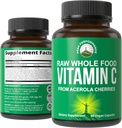 Peak Performance Raw Whole Food Capsules de vitamine C naturelles de la cerise d'Acerola pour l'absorption maximale. Vegan USA Source supplément de vitamine C 90 pilules. 500 mg portion ou 2 portions 1000mg