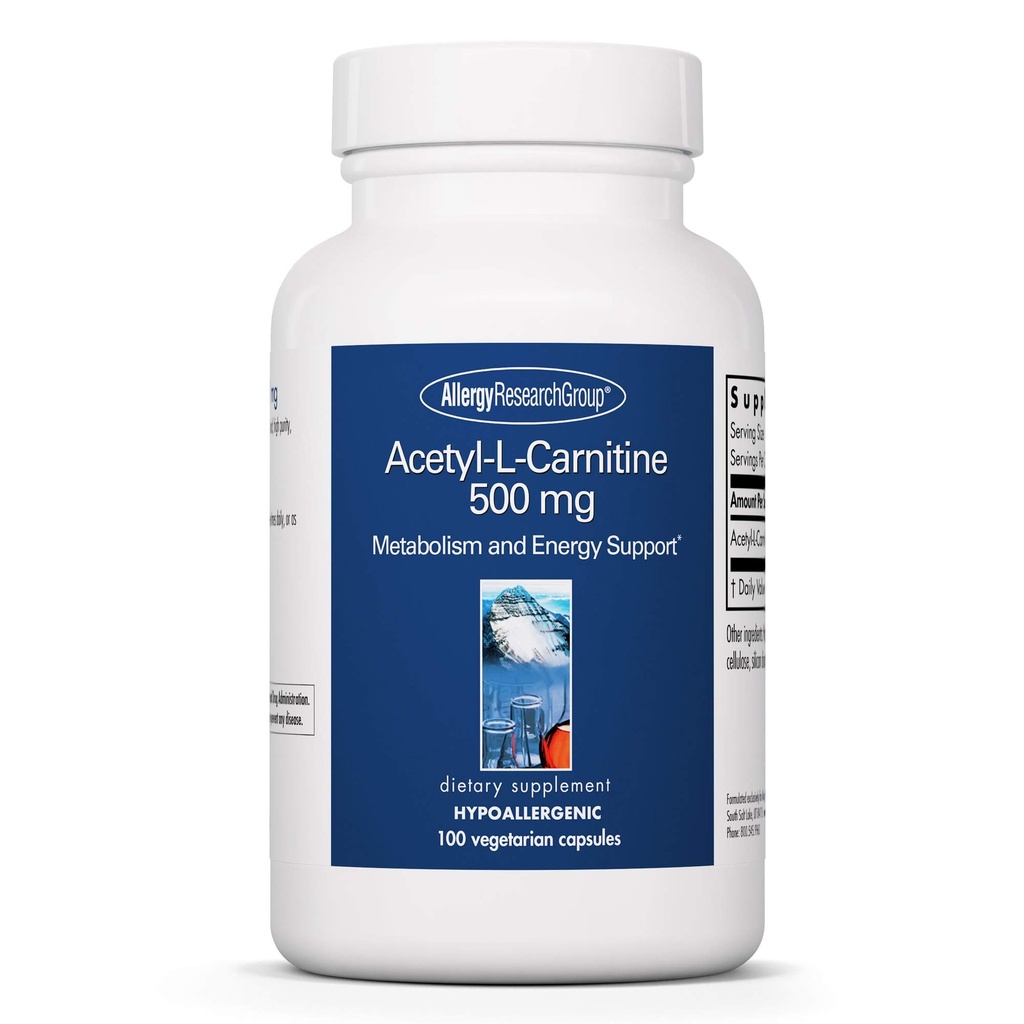 Groupe de recherche sur l'allergie Supplément acétyl-L-Carnitine 500mg - Métabolisme et soutien énergétique, ALC, acide amino de forme libre, capsules végétariennes - 100 Compte