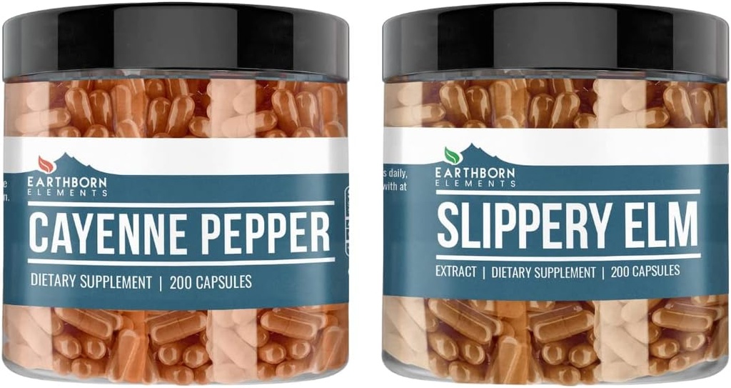 Éléments terriens Cayenne Pepper & Slippery Elm Bundle (200 capsules chacune) Pure et non diluée, aucun additif