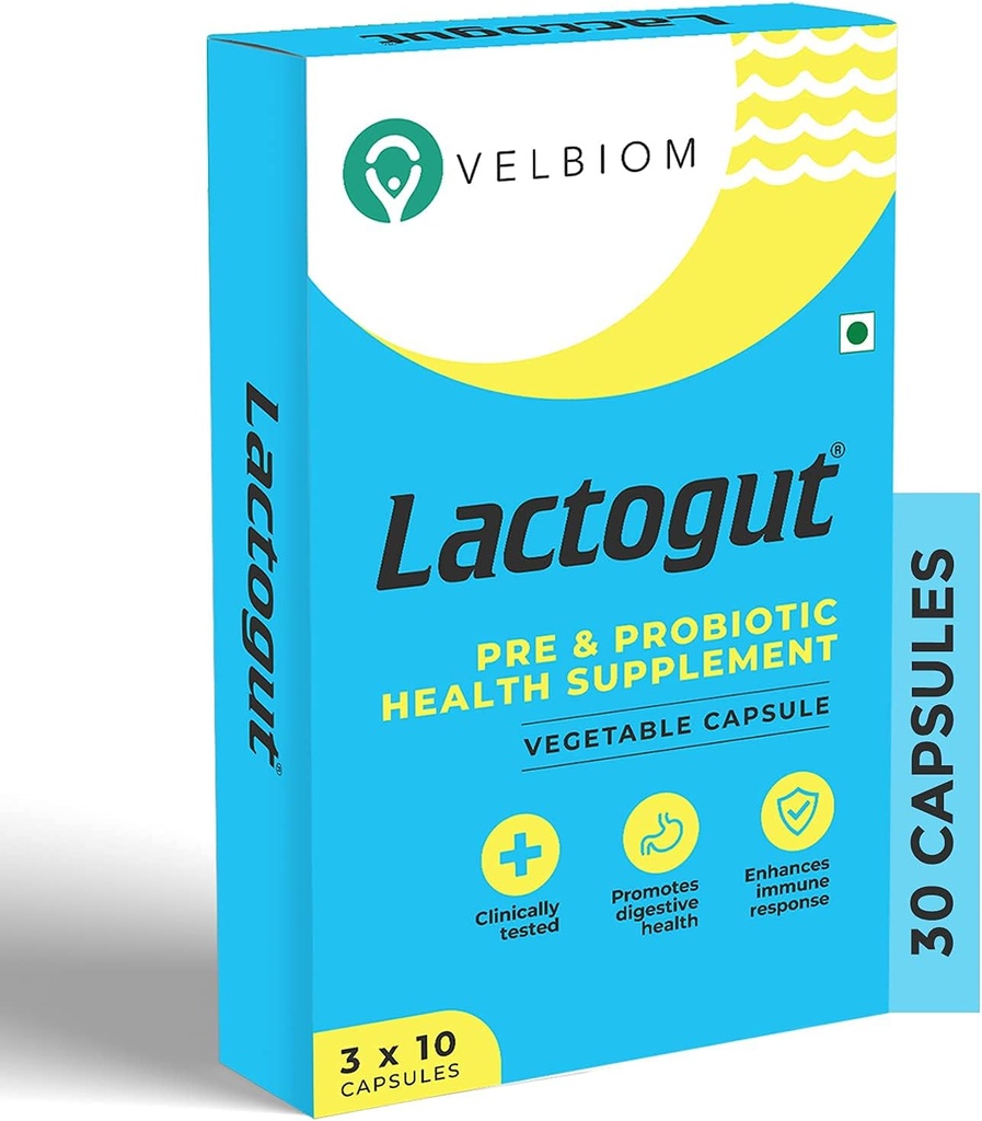 Lactogut Probiotics Supplement for Immunity and Digestive Health, Gut Health Multi Strain and Site-Specific Pre-Probiotic Formula aide dans les Ibs et Ibd - 30 Capsules