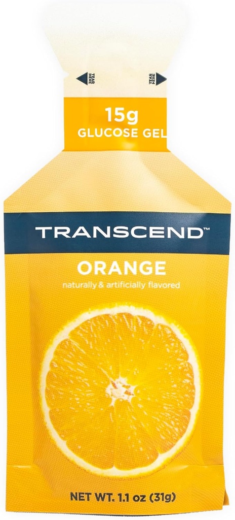 Transcend Foods Gel d'orange (1,1 oz, paquet de 24) Gel de glucides à action rapide Arôme d'orange – sans caféine, sans gluten
