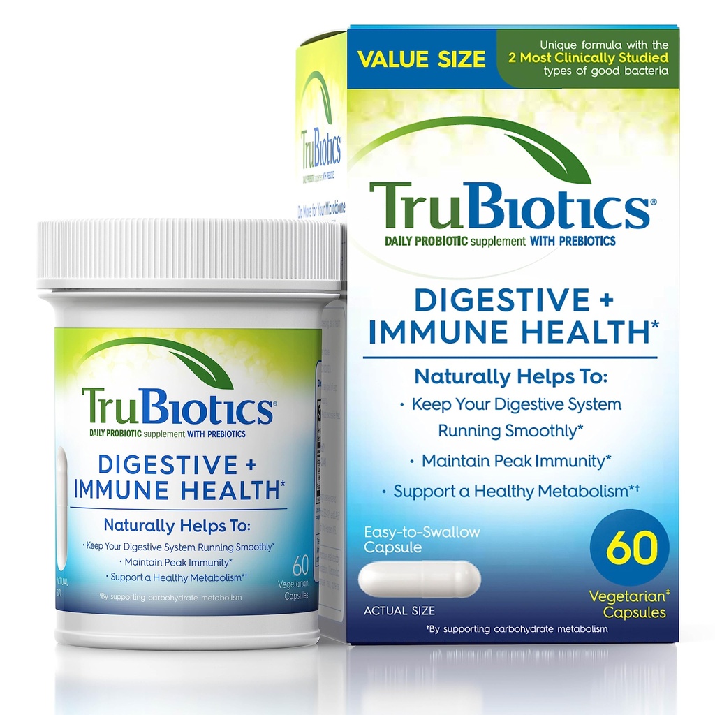 TruBiotics Probiotiques pour la santé digestive et immunitaire, soutient la régularité et aide à soulager les troubles abdominales, le gaz et le ballonnement, 2 souches probiotiques étudiées cliniquement, plus les prébiotiques, 60 capsules