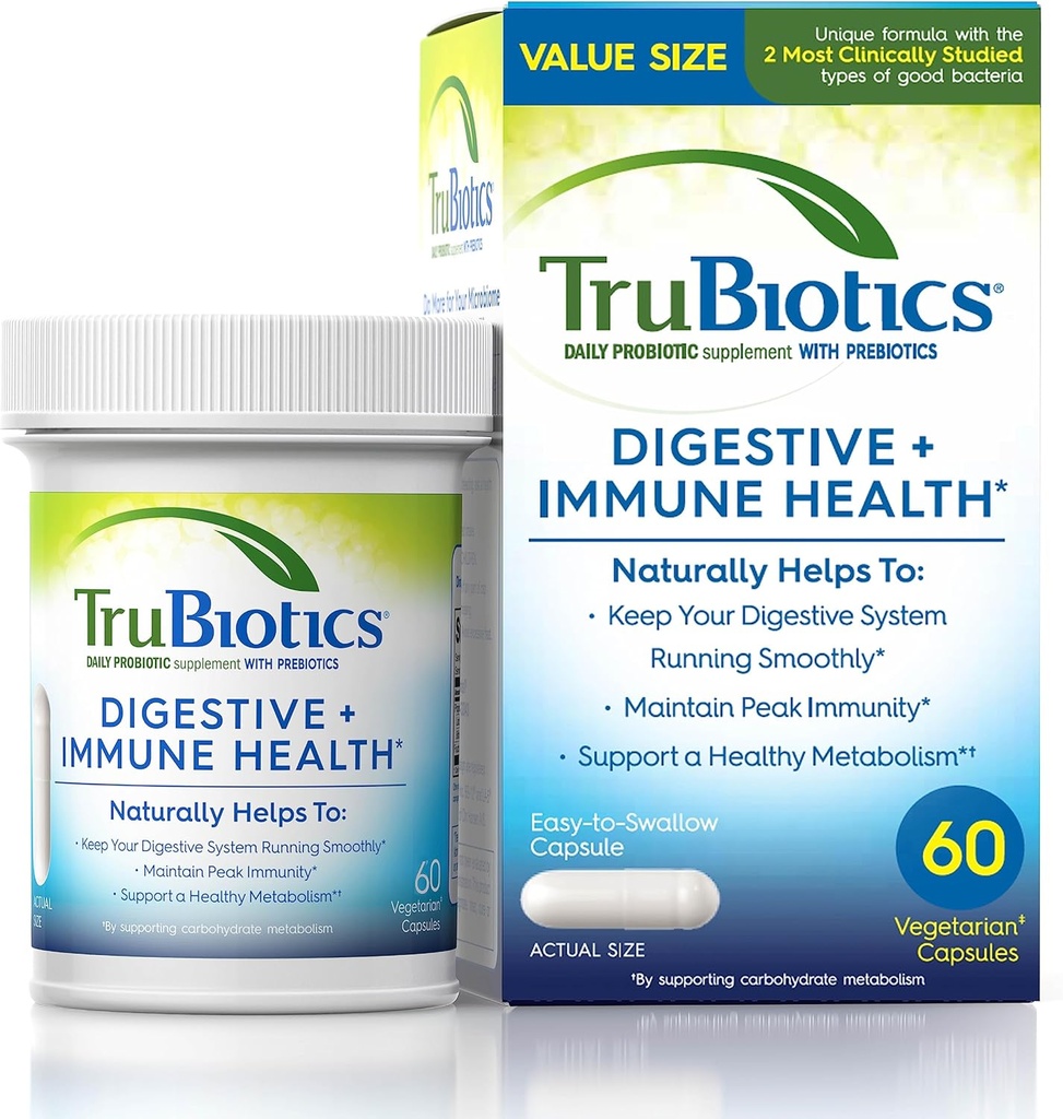 TruBiotics Probiotiques pour la santé digestive et immunitaire, soutient la régularité et aide à soulager les troubles abdominales, le gaz et le ballonnement, 2 souches probiotiques étudiées cliniquement, plus les prébiotiques, 60 capsules