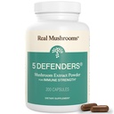 Real Mushrooms 5 Defenders Complexe Mushroom – Mélange de champignons organiques adaptogènes avec Chaga, Reishi, Turquie Tail, Maitake & Shiitake pour le bien-être - Mushroom Beta Glucan Capsules - 200 Compte