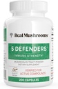 Real Mushrooms 5 Defenders Complexe Mushroom – Mélange de champignons organiques adaptogènes avec Chaga, Reishi, Turquie Tail, Maitake & Shiitake pour le bien-être - Mushroom Beta Glucan Capsules - 200 Compte