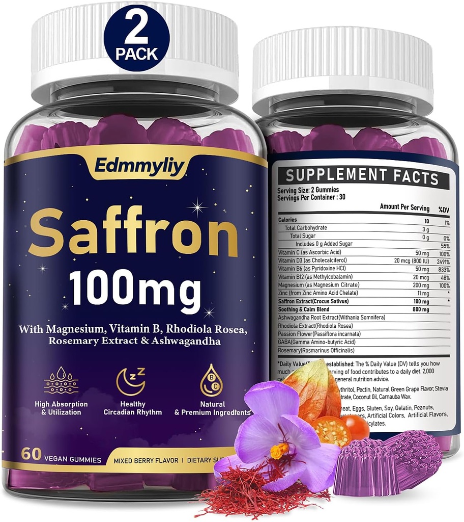 Suppléments de safran Gommies pour Adulte - Extrait de safran biologique 100mg avec Magnésium, Ashwagandha, Rhodiola Rosea, Rosemary et Vitamines - Soutien Positif Mood & Focus - Sans sucre et végétalien