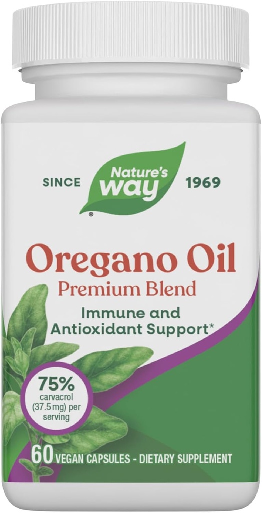 Nature's Way Oregano Oil, Imune and Antioxidant Support Supplément,* 75-85% Carvacrol par portion, sans gluten, 60 Capsules Vegan