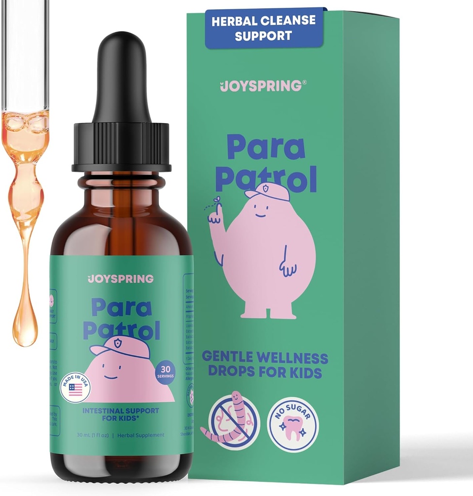 JoySpring ParaPatrol Kids’ Herbal Blend – Alcohol-Free Liquid Supplement with Black Walnut and Wormwood Extract | Supports Digestive Health | Natural Raspberry Flavor – 30 Servings