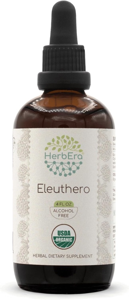 HerbEra Eleuthero B120 USDA Teinture biologique (Extrait sans alcool, gouttes à base de plantes de haute puissance) Certifié Eleuthero biologique (Eleutherococcus Sensicosus, Ginseng sibérien) Racine séchée (4 oz)