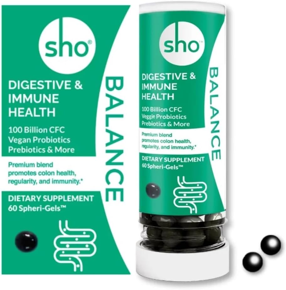 Équilibre SHO 100 milliards de CFU Prébiotiques et probiotiques incluant Lactobacillus Casei pour la santé digestive, Probiotiques véganes stables sur plateau pour les hommes et les femmes – 60 pilules bouteille de renouvellement