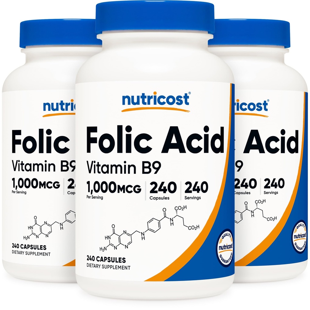 Acide folique de Nutricost (vitamine B9) 1000 mcg, 240 capsules (3 bouteilles)