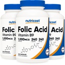 Acide folique de Nutricost (vitamine B9) 1000 mcg, 240 capsules (3 bouteilles)