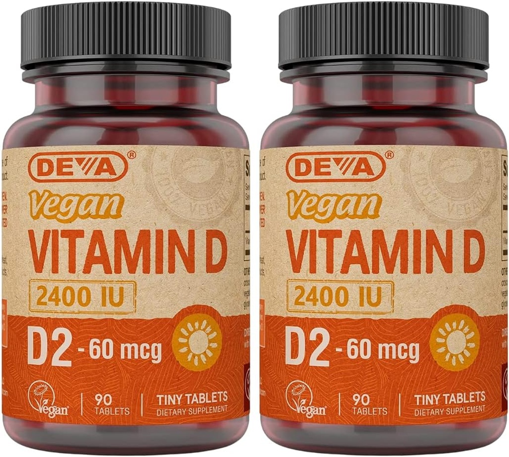 DEVA Vitamine végétale D2 60 mcg 2400 UI, supplément d'ergocalciférol sans ingrédients animaux, 90 comprimés (paquet de 2)