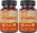 DEVA Vitamine végétale D2 60 mcg 2400 UI, supplément d'ergocalciférol sans ingrédients animaux, 90 comprimés (paquet de 2)