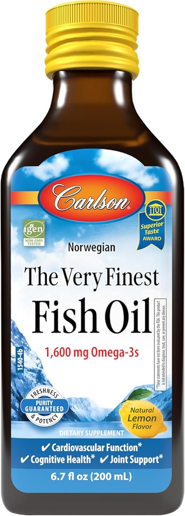 Carlson - L'huile de poisson très fine, 1600 mg Oméga-3s, supplément d'huile de poisson liquide, huile de poisson norvégienne, sauvage, huile de poisson d'origine durable liquide, citron, 200ml, 6,7 Fl Oz