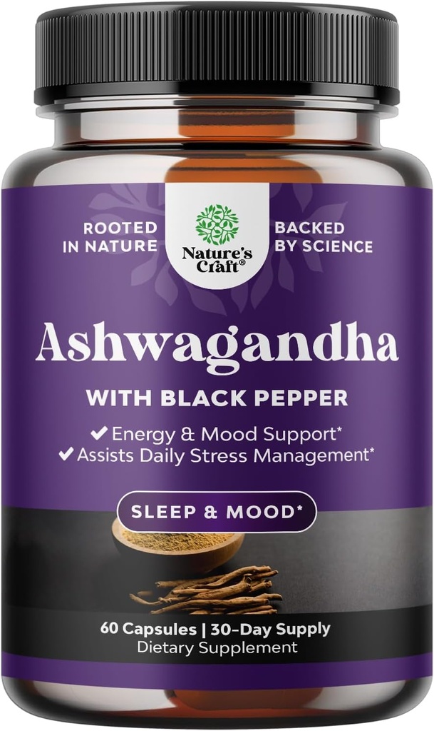Best Ashwagandha Root Powder Capsules 1300 mg – Supplément Naturel Premium Relaxation Sommeil – Rejuvénat d'énergie calmante 100% Pure Potent Ingrédients pour les femmes et les hommes 30 portions par contenant