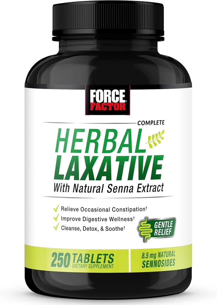 FORCE FACTOR Herbal Laxative for Constipation Relief for Adults, Supplément de digestion fait avec Senna pour nettoyer, detox et Soothe, Laxatifs for Constipation for Women and Men, 250 comprimés