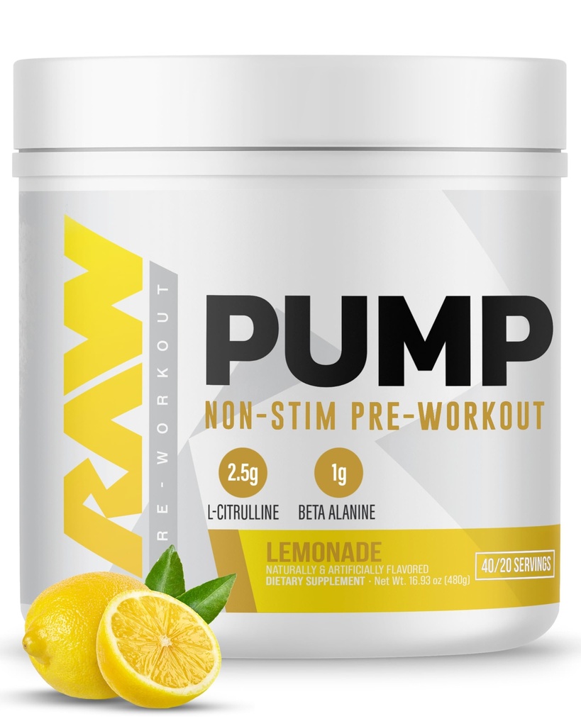 RAW Pump Stim Free Pre Workout (Lemonade) - Supplément de préentraînement non stimulant Poudre Booster d'oxyde nitrique - Suppléments de préentraînement Boissons pour pendant l'entraînement - 40 portions