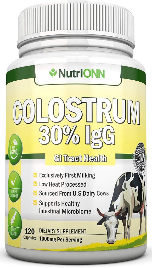 Colostrum - 1000mg - 120 Capsules - 30% IgG - Produits laitiers non-OGM US - Premier colostrum bovin laitant - traité à faible chaleur - Excellent pour la santé des IG Tract - Soutien immunitaire - Santé des os et des muscles