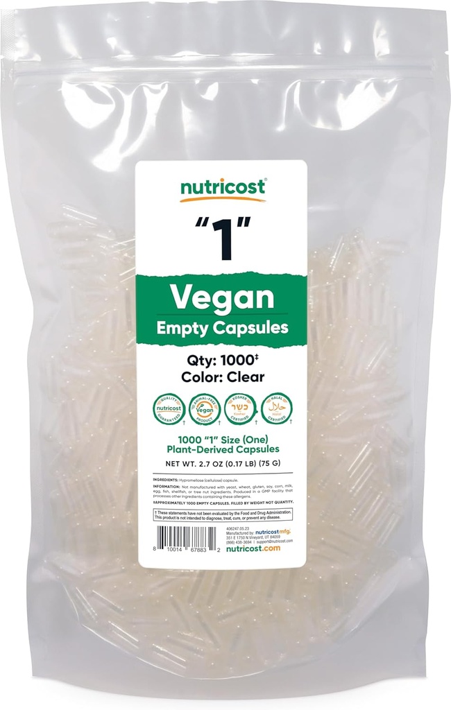 Nutricost Capsules vides Taille 1 Vegan - 1000 Capsules vides claires à base de plantes - Certifié Casher, certifié Halal, non-OGM, sans soja, sans gluten, végétarien