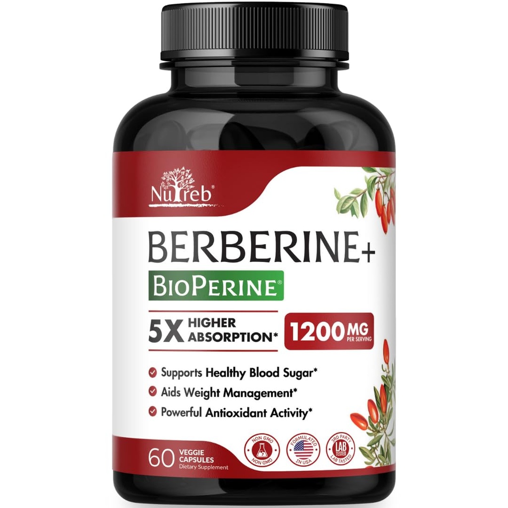 Nutreb Berberine Supplément 1200mg - 5X Absorption plus élevée - Ultra Pure 98% Berberine HCL - Gestion du poids saine, support immunitaire - Non OGM, fabriqués aux États-Unis - 60 Capsules Vegan