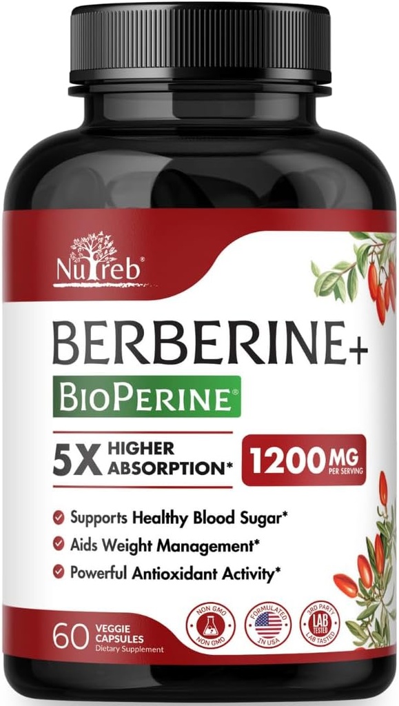 Supplément berbère 1200mg - 5X Absorption supérieure - Ultra Pure 98% Berberine HCL - Healthy Weight Management, Immune Support - Non OGM, fabriqués aux États-Unis - 60 Capsules Vegan