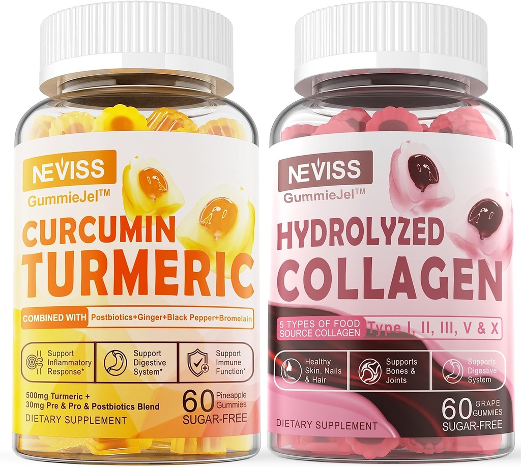 Sans sucre Collagène Gommies rempli + sans sucre Curcumine curcuma rempli Gommies, pour les ongles de cheveux sains, os et soutien articulaire, immunitaire et santé digestive
