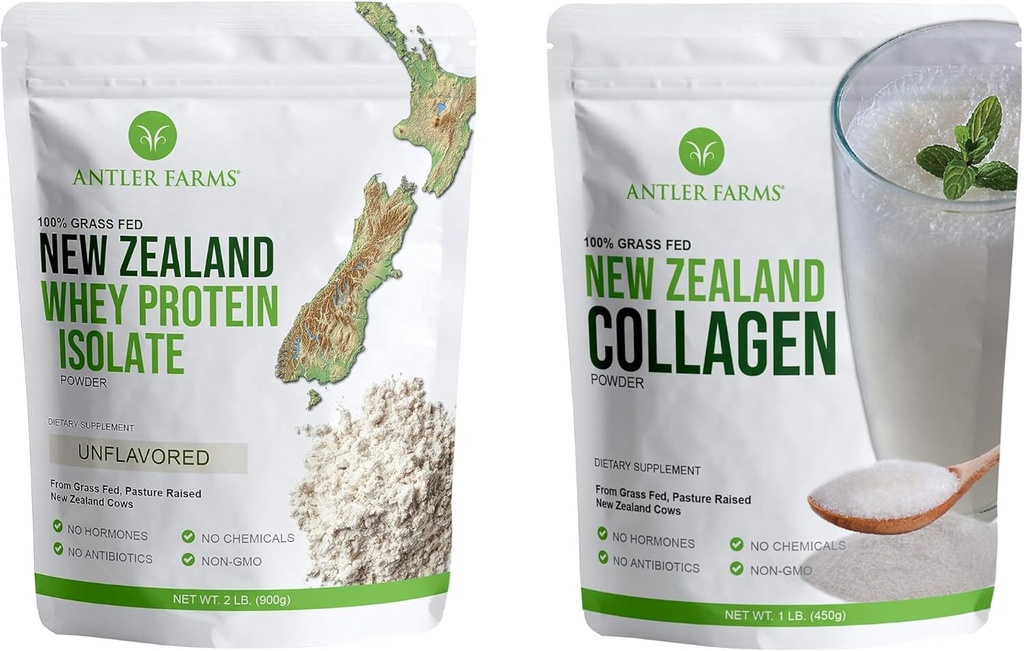 Fermes Antler - 100% Herbage Fed Nouvelle-Zélande Whey Protein Isolate & Collagen Powder Bundle