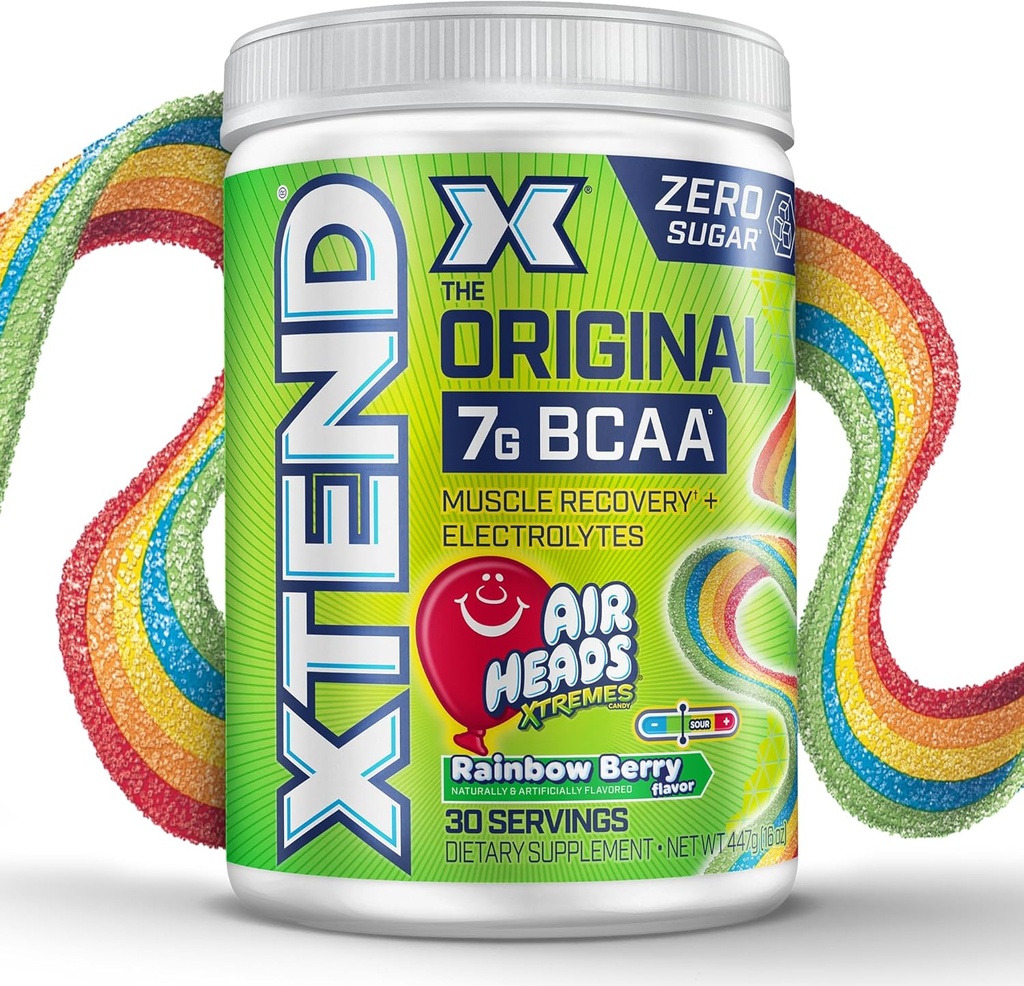 Xtend Original BCAA poudre airheads Rainbow Berry Flavor, 7g BCAA et 2,5g L-Glutamine, sucre sans entraînement de récupération musculaire boisson avec acides aminés pour les hommes et les femmes, 30 portions