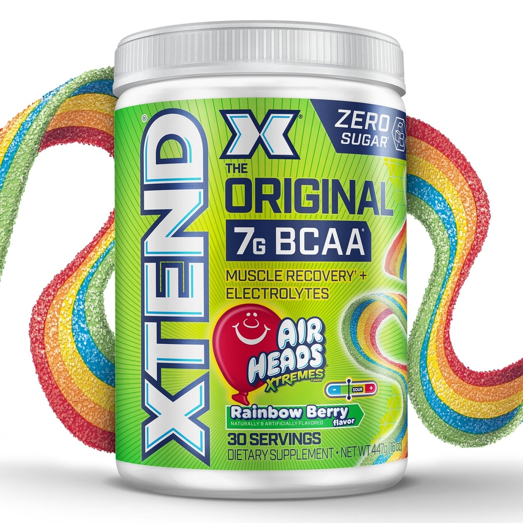 Xtend Original BCAA poudre airheads Rainbow Berry Flavor, 7g BCAA et 2,5g L-Glutamine, sucre sans entraînement de récupération musculaire boisson avec acides aminés pour les hommes et les femmes, 30 portions