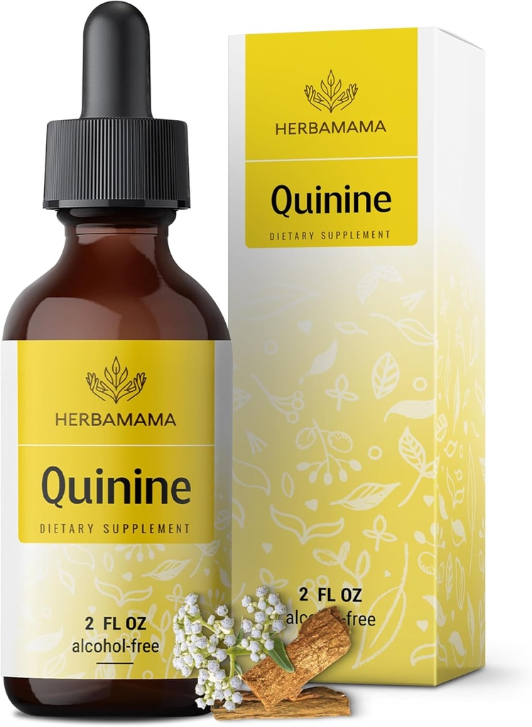 HERBAMAMA gouttes de quinine pour les crampes de jambe - Vegan Cinchona Crampe Teinture de l'écorce - Non-OGM, alcool et sans sucre pur supplément de quinine liquide, 42 jours d'approvisionnement