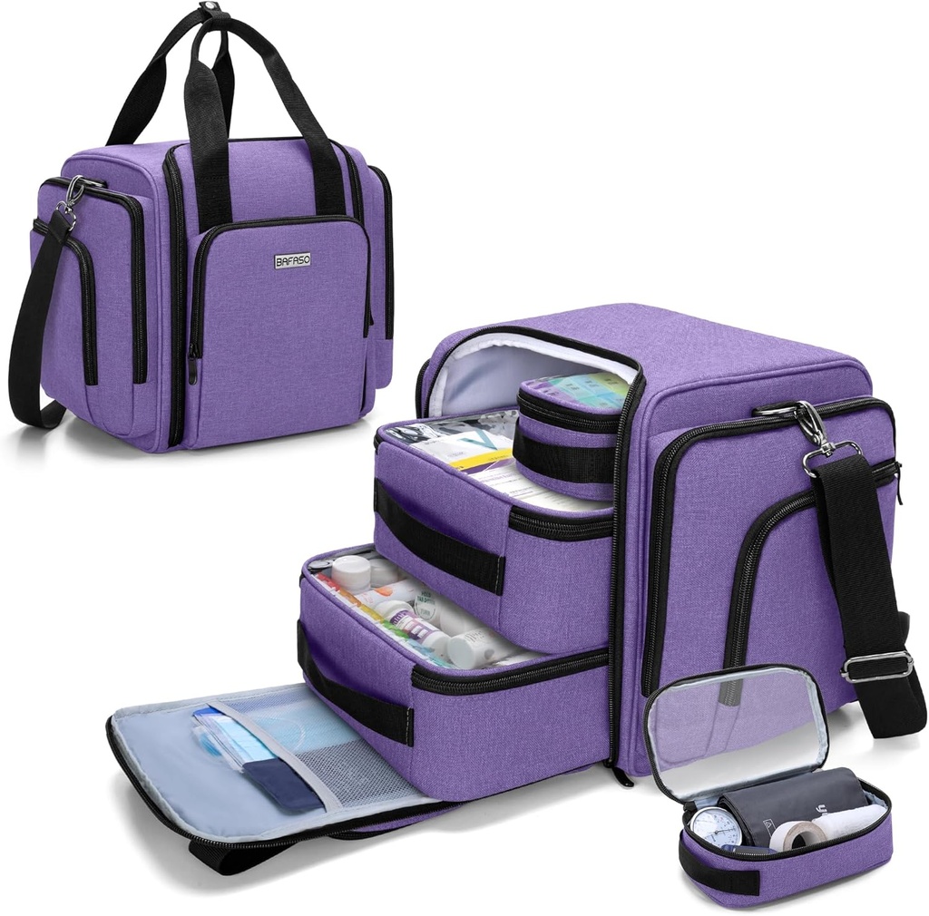 BAFASO Grand organisateur de bouteille de pilule avec 4 poches amovibles intérieure, sac de médecine sont fournis avec la sangle d'épaule (Bag SEULEMENT), Purple