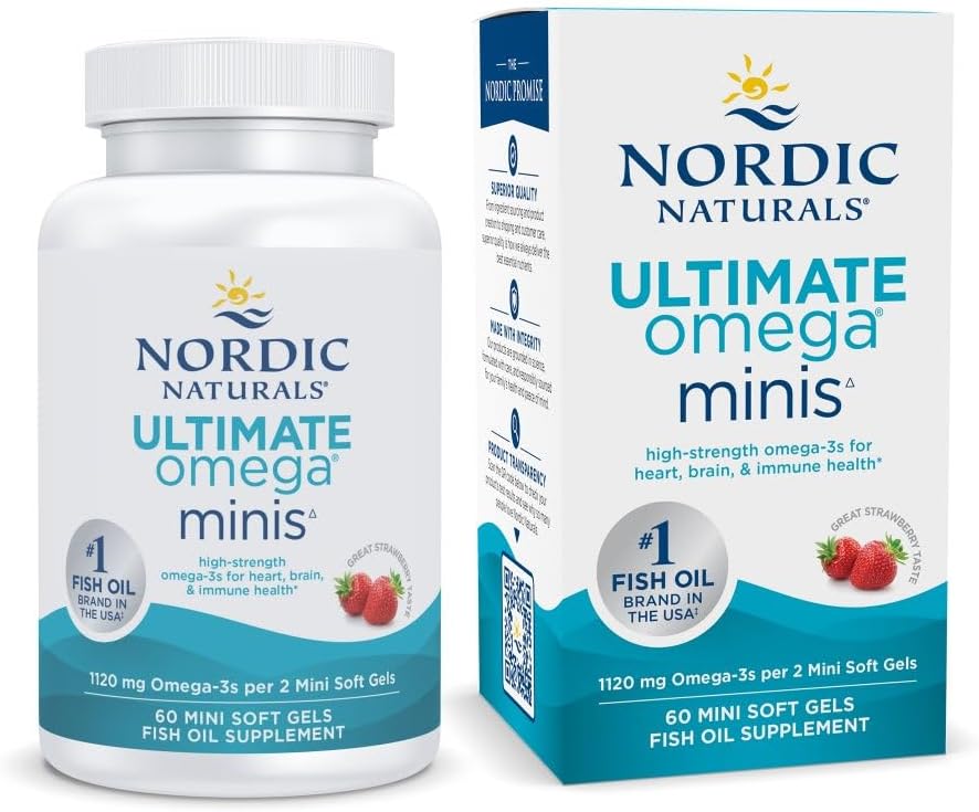 Nordic Naturals Ultimate Omega Minis, Fraise Flavor - 60 Minis Gels mous - 1120 mg Omega-3 - Supplément d'huile de poisson de haute puissance - EPA & DHA - Promotion de la santé cérébrale et cardiaque - 30 portions
