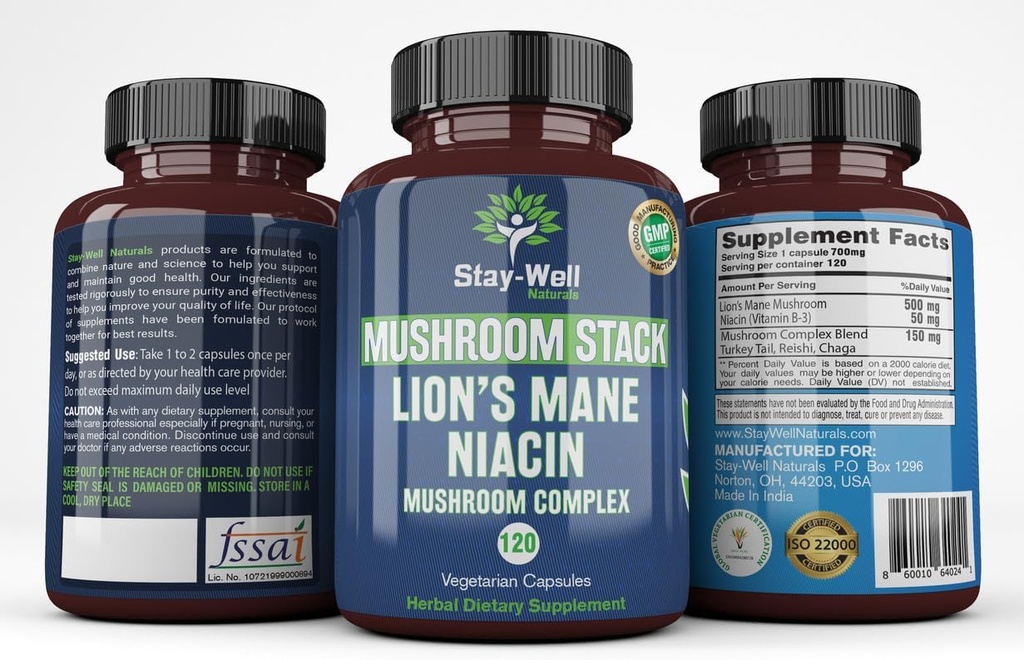 Lion Mane Mushroom Supplément Capsules avec Niacine , Complexe Mushroom Capsules, avec Turquie Tail Mushrooms, Chaga Mushroom et Reishi Mushroom Extrait, Complément Mushroom Capsules
