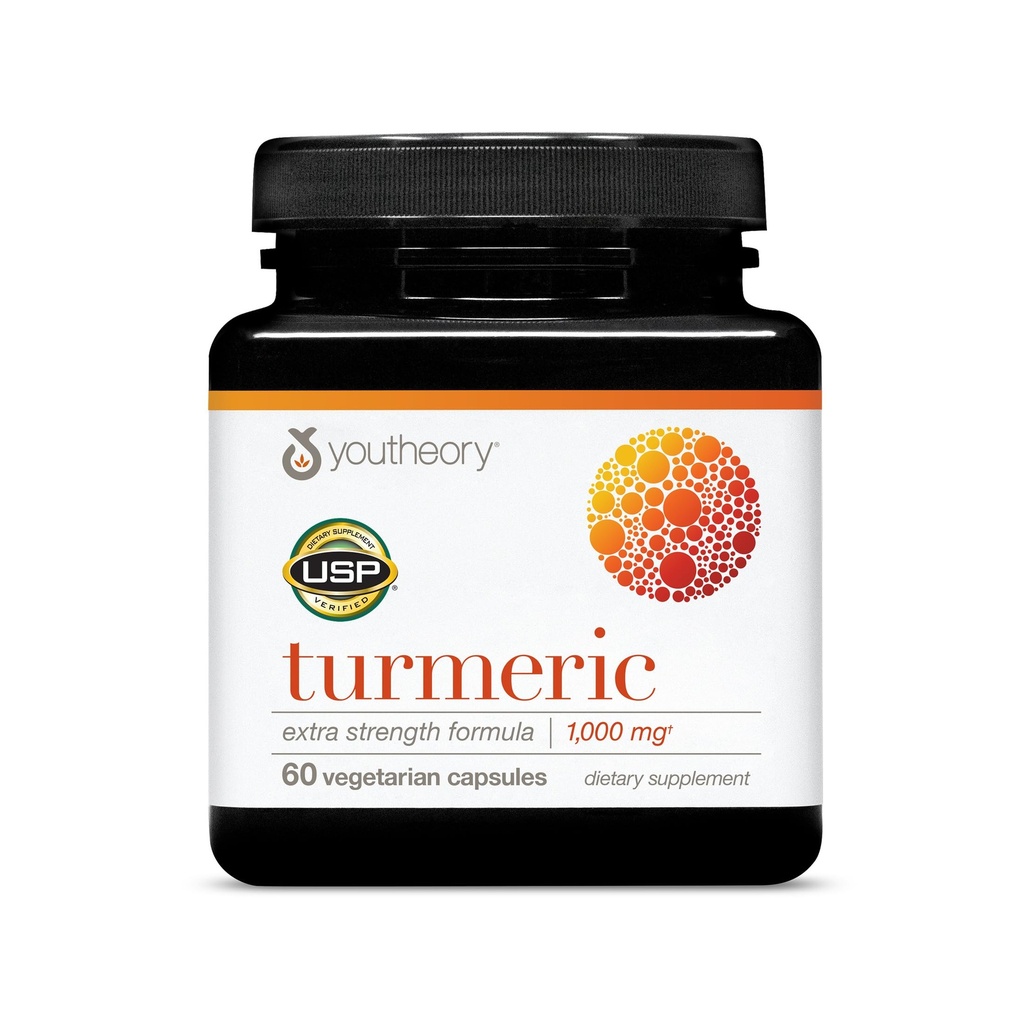 Youtheory Turmeric Extra Strength - 1000 mg - Soutienne la santé cérébrale, musculaire et articulaire* - Contient des bioenhancers, des curcuminoïdes et des extraits à base de plantes - USP Vérifié - 60 capsules végétariennes (30 jours d'approvisionnement)