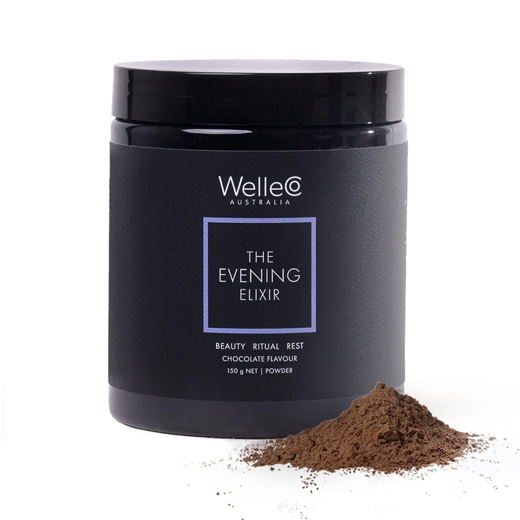 WelleCo L'élixir du soir, vitamine C boisson de beauté au chocolat chaud mélange avec Niacine, Lemon Baume & Magnésium, soutient le sommeil, la formation de collagène et la peau Glow, 150g (5.3 oz) Jar