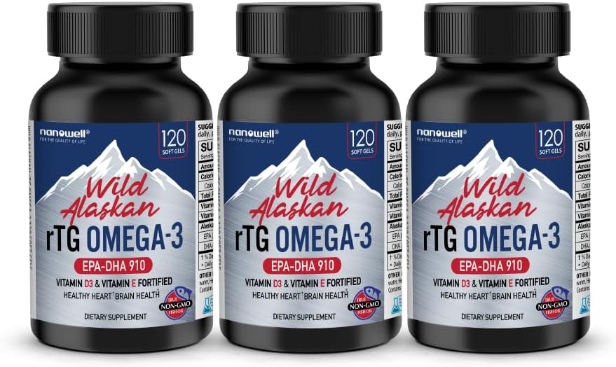 NANOWELL Wild Alaskan rTG Omega-3 Huile de poisson 1196mg - EPA, DHA, Vitamine D3 & E - 120 Softgels x 3 bouteilles (360 Nombre)