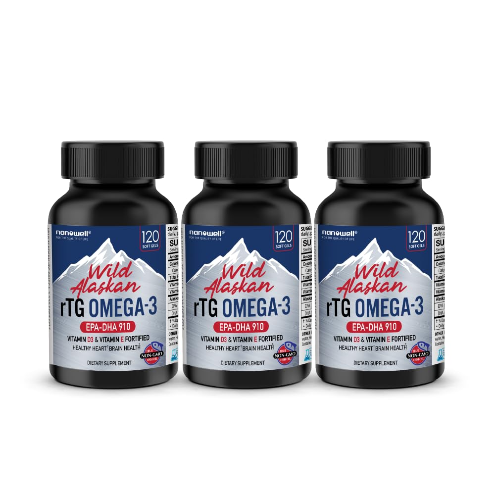 NANOWELL Wild Alaskan rTG Omega-3 Huile de poisson 1196mg - EPA, DHA, Vitamine D3 & E - 120 Softgels x 3 bouteilles (360 Nombre)