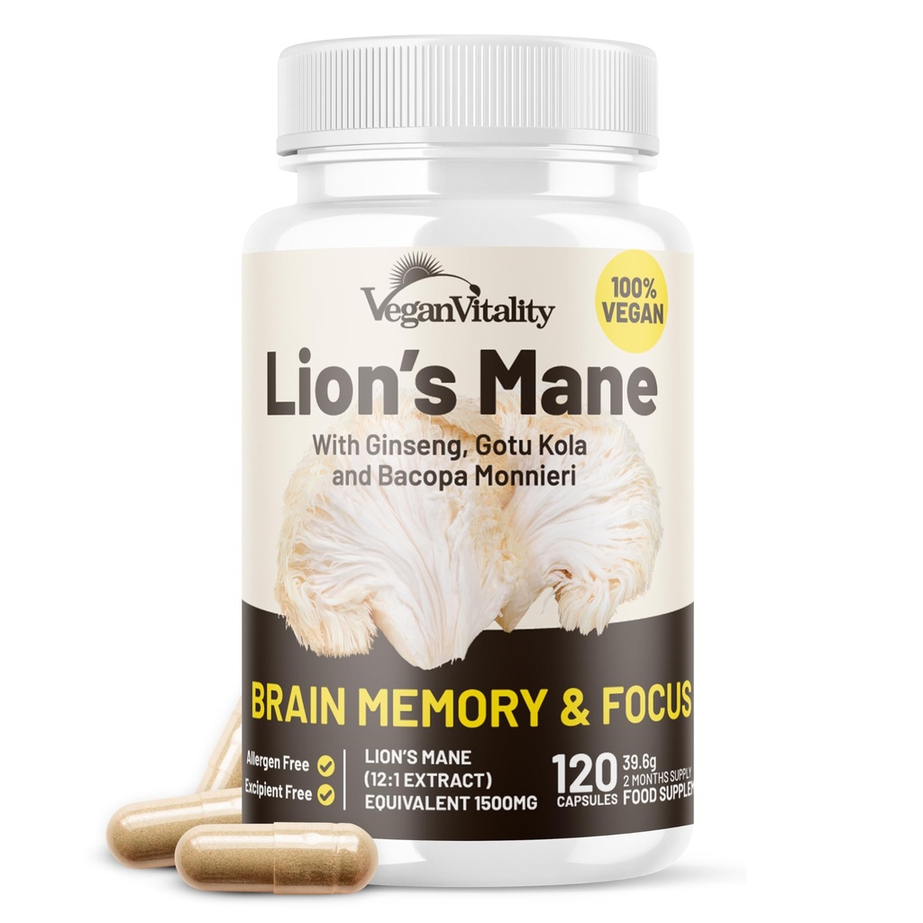 Vegan Vitalité Lions La Mane Supplément Capsules - Nootropic Cerveau Support Supplément, Lions Mane Mushroom Extrait Capsules - 120 Vegan Bacopa Monnieri, Gotu Kola, Ginseng