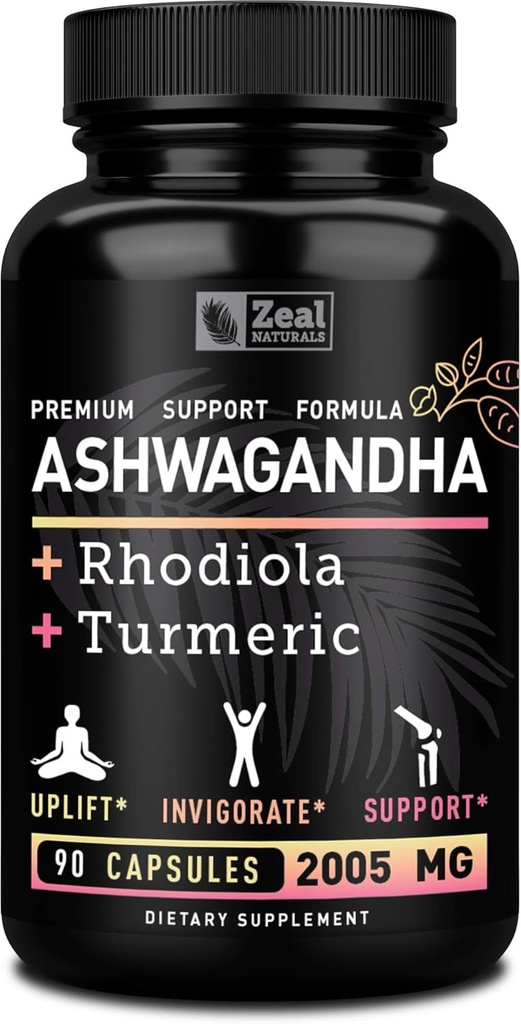 Complexe Ashwagandha - Poudre de racine bio Ashwagandha + Rhodiola Rosea + Turmeric - Formule de soutien Premium - Supplément Capsules Ashwagandha
