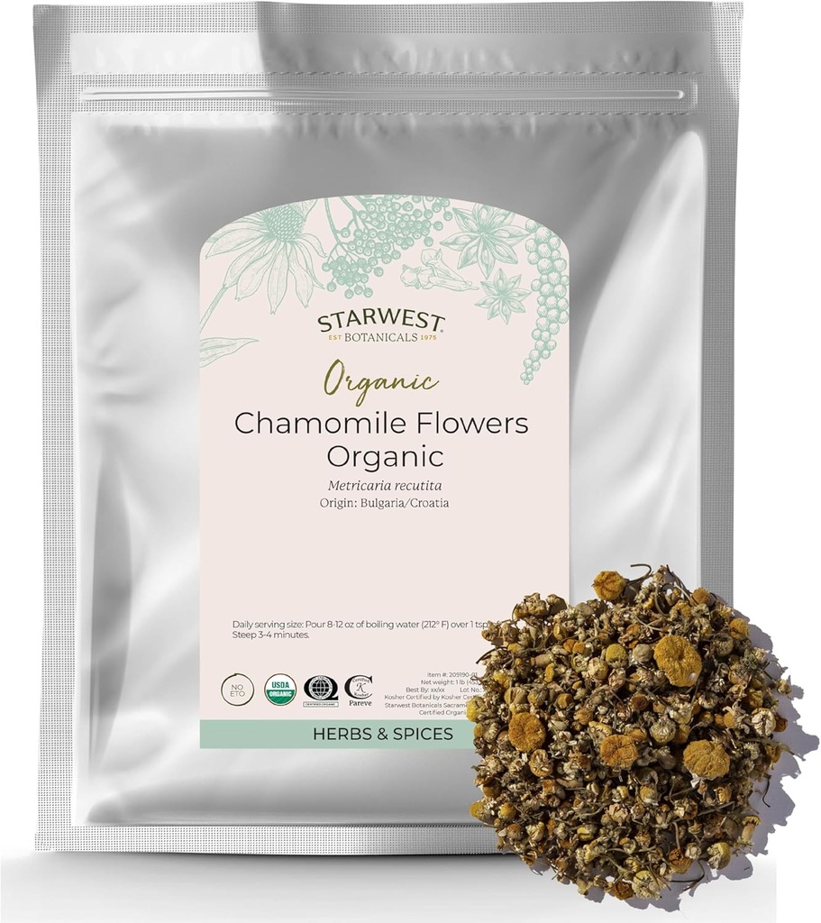 Starwest Botanicals Fleurs de camomille biologique entières - Feuille de feuilles séchée pour thé, lotions à base de plantes, et cuisson, Source de Croatie et Bulgarie, Certifié Kosher, Non-OGM - Bulk 1 lb Sac